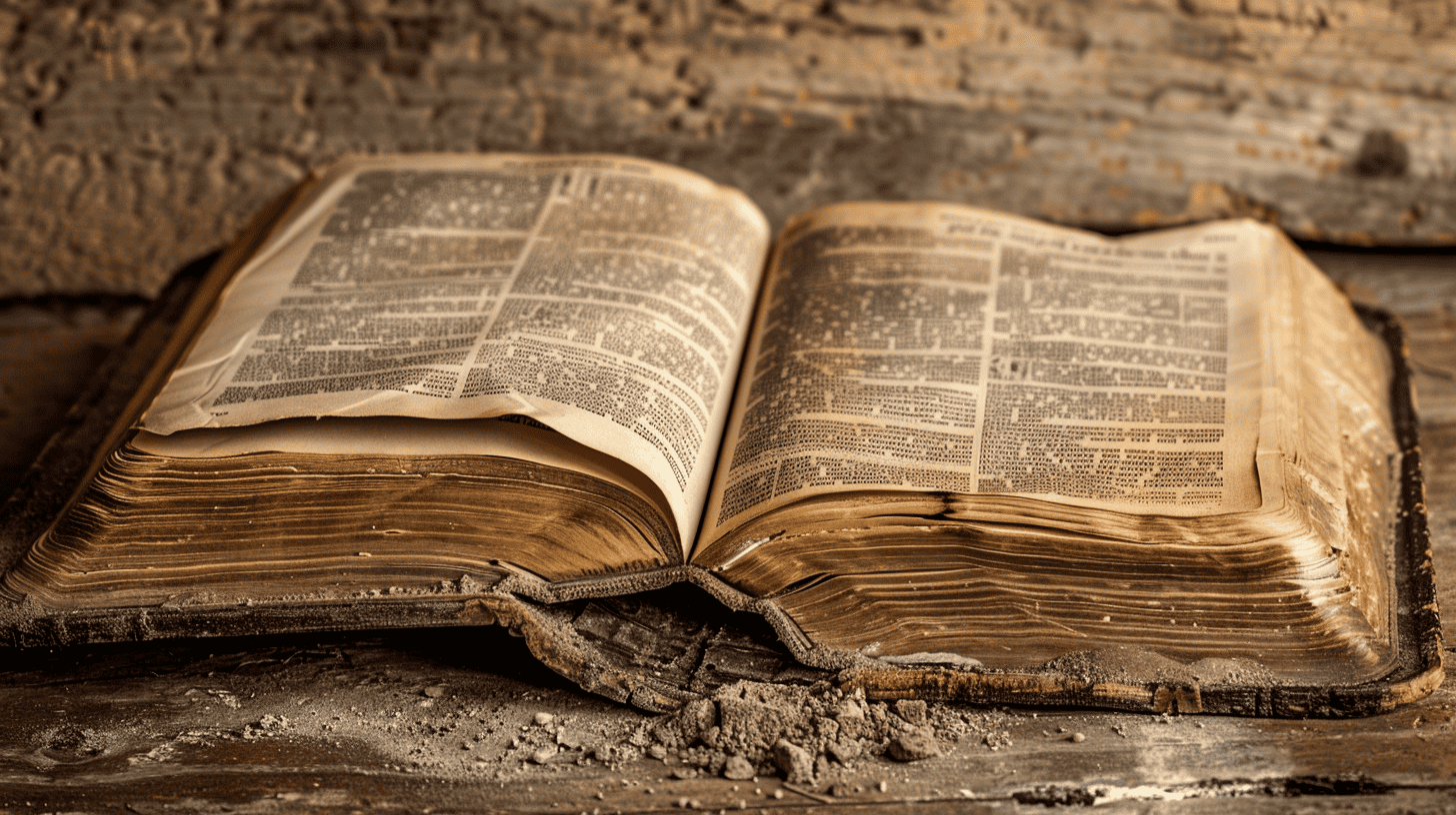 An open ancient Bible on a rustic wooden table, displaying well-worn pages filled with scripture.