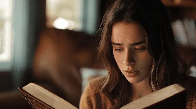 A young woman deeply focused on reading the Bible in a cozy setting.