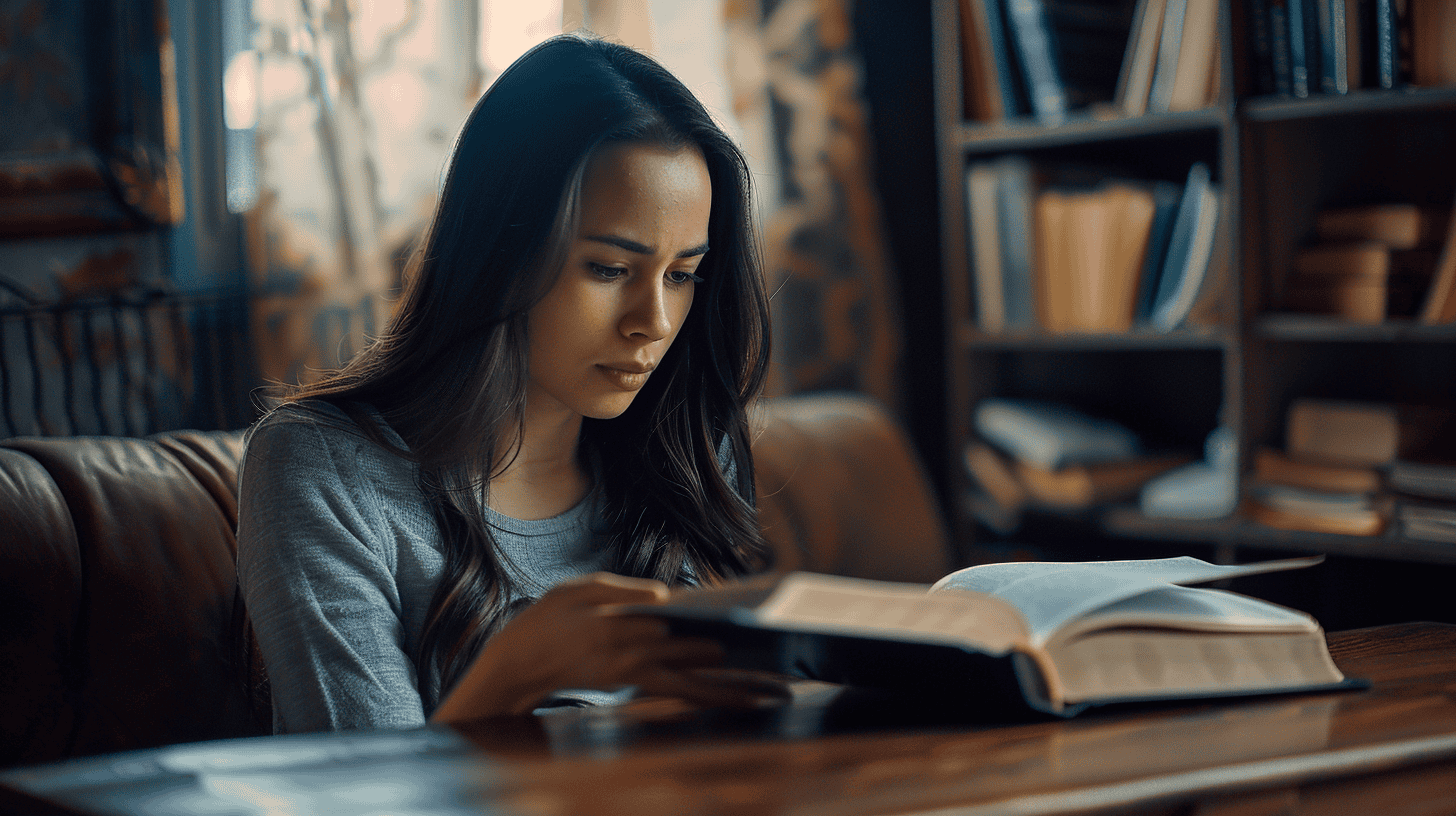 A young woman deeply focused on reading the Bible in a cozy library setting.